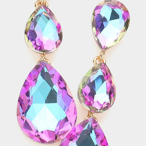 Violet Dangle Crystal Earrings 2.75 Inch Triple Tear Drop Jewelry - Picture 2 of 3